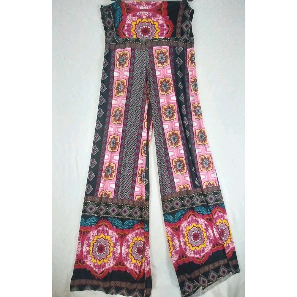 J UP Boho Palazzo Pants XL Floral Mandala Tribal Pink Black Foldover High Waist